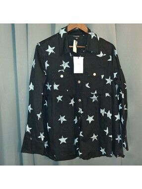 J.NNA Black Star Print Button-Up Shirt Jacket Large
